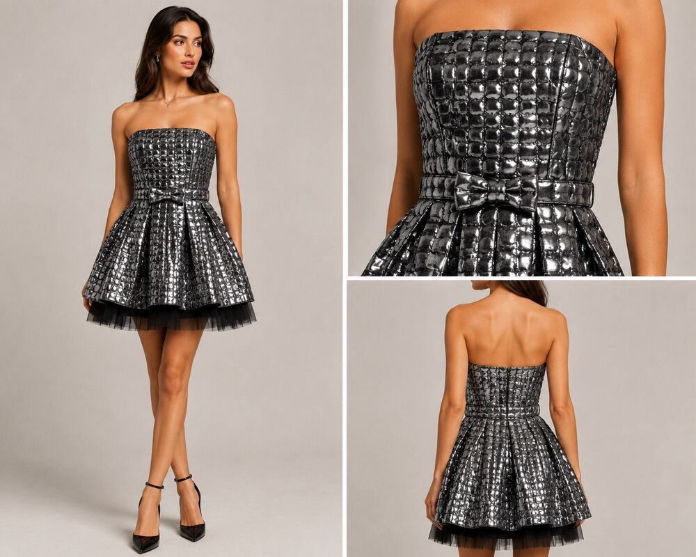 Betsey Johnson Strapless Metallic Bubble Dress Women's 0 Silver Black Party Prom